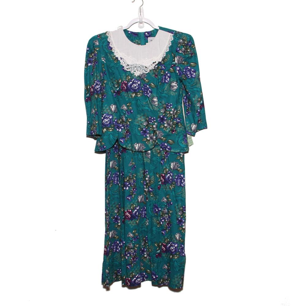 NEW Vintage Miss Dorby 80s Lace Collar Floral Dress Size 10 Puff Sleeve
